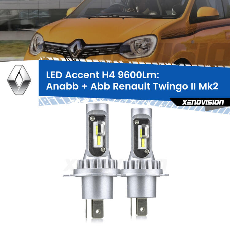 <strong>Kit LED per anabbaglianti + abbaglianti Twingo II</strong> Mk2 2007 - 2013.</strong> Coppia lampade <strong>H4</strong> doppia intensità senza ventola e ultracompatte per installazioni in fari senza spazi.
