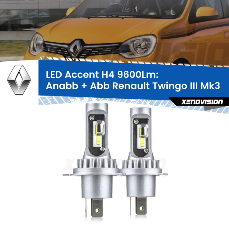 <strong>Kit LED per anabbaglianti + abbaglianti Twingo III</strong> Mk3 2014 - 2021.</strong> Coppia lampade <strong>H4</strong> doppia intensità senza ventola e ultracompatte per installazioni in fari senza spazi.