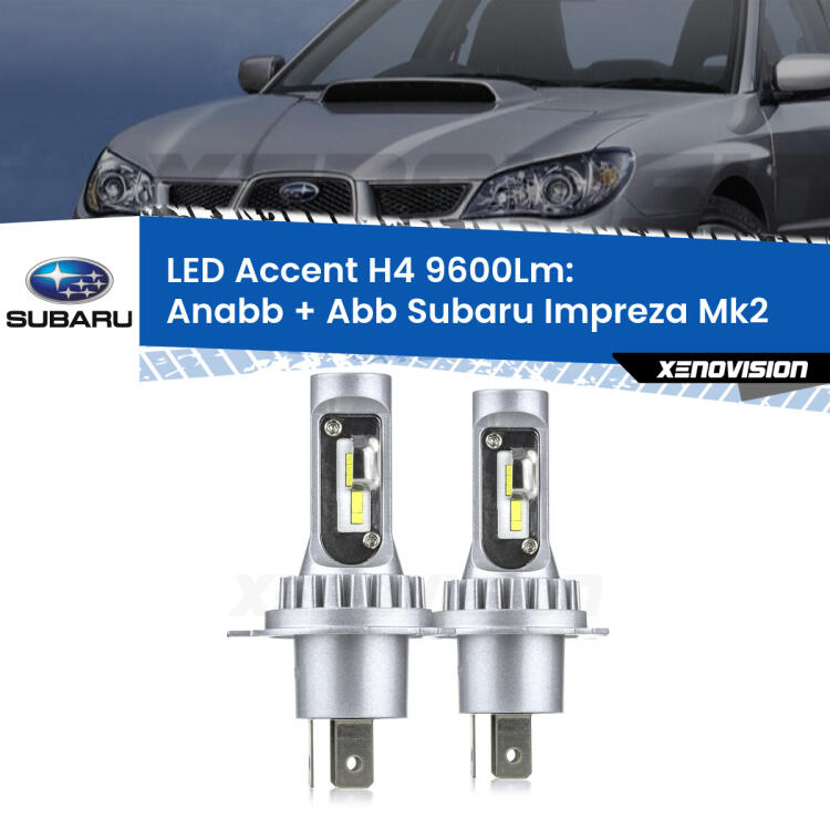 <strong>Kit LED per anabbaglianti + abbaglianti Impreza</strong> Mk2 a parabola singola.</strong> Coppia lampade <strong>H4</strong> doppia intensità senza ventola e ultracompatte per installazioni in fari senza spazi.