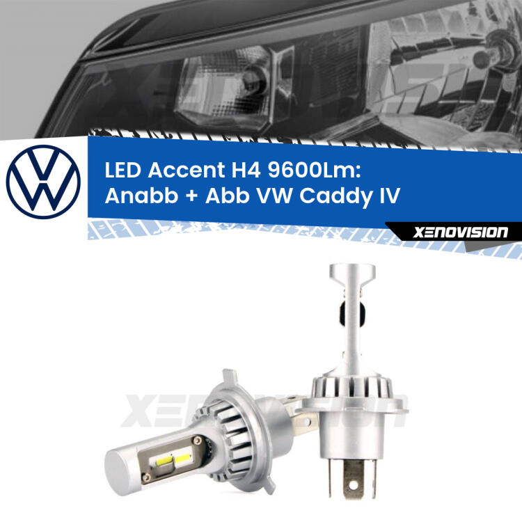 <strong>Kit LED per anabbaglianti + abbaglianti Caddy IV</strong>  a parabola singola.</strong> Coppia lampade <strong>H4</strong> doppia intensità senza ventola e ultracompatte per installazioni in fari senza spazi.