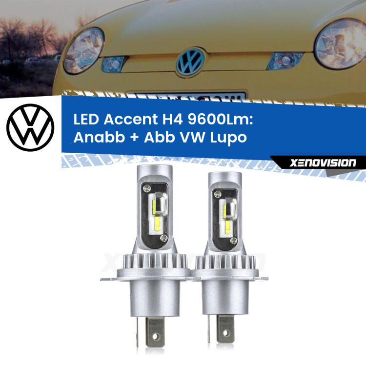 <strong>Kit LED per anabbaglianti + abbaglianti Lupo</strong>  1998 - 2005.</strong> Coppia lampade <strong>H4</strong> doppia intensità senza ventola e ultracompatte per installazioni in fari senza spazi.
