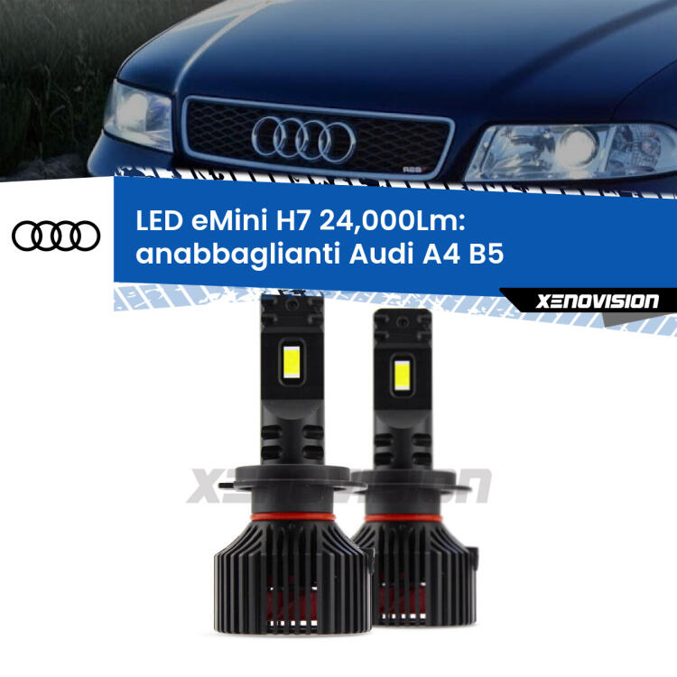 <strong>Kit LED anabbaglianti per Audi A4</strong> B5 a parabola doppia. </strong>Include due lampade Canbus H7 Brightstar da 24,000 Lumen. Qualità Massima.