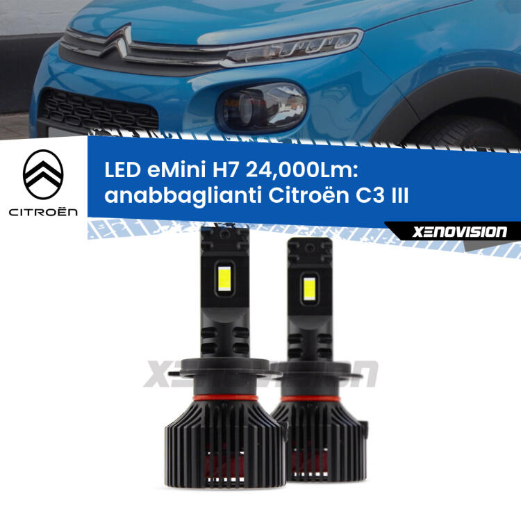 <strong>Kit LED anabbaglianti per Citroën C3</strong> III 2016 in poi. </strong>Include due lampade Canbus H7 Brightstar da 24,000 Lumen. Qualità Massima.