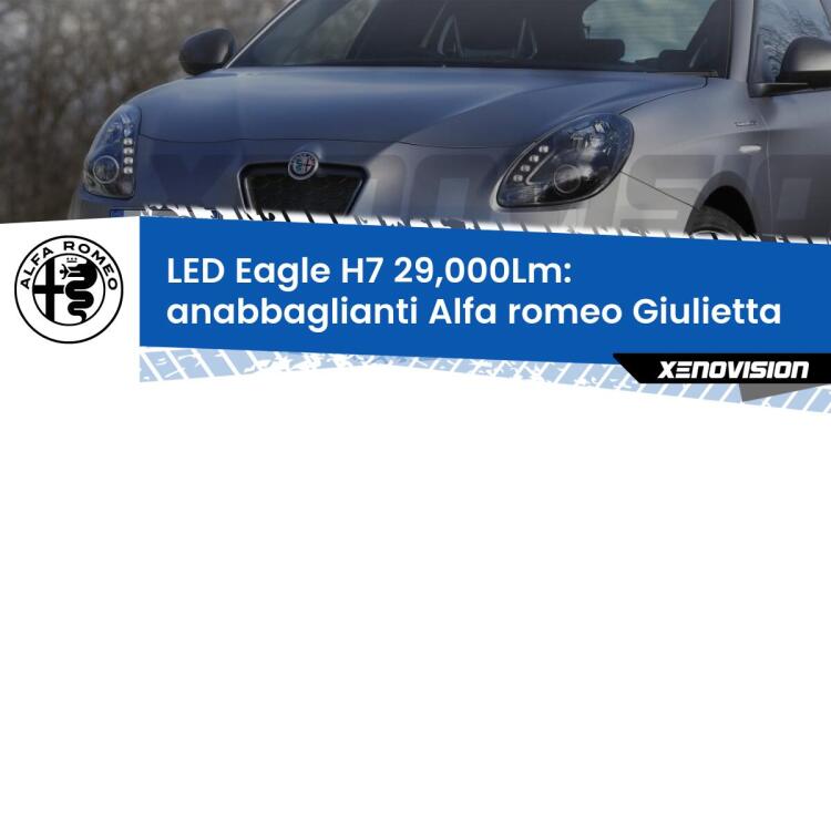 <strong>Kit anabbaglianti LED specifico per Alfa romeo Giulietta</strong>  dal 2014 in poi. Lampade <strong>H7</strong> Canbus da 29.000Lumen di luminosità modello Eagle Xenovision.