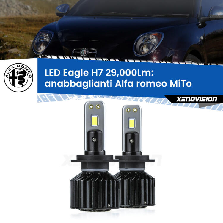 <strong>Kit anabbaglianti LED specifico per Alfa romeo MiTo</strong>  2008 - 2018. Lampade <strong>H7</strong> Canbus da 29.000Lumen di luminosità modello Eagle Xenovision.