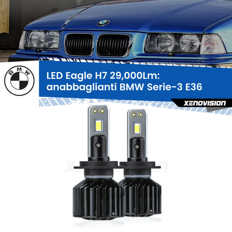 <strong>Kit anabbaglianti LED specifico per BMW Serie-3</strong> E36 1994 - 1998. Lampade <strong>H7</strong> Canbus da 29.000Lumen di luminosità modello Eagle Xenovision.
