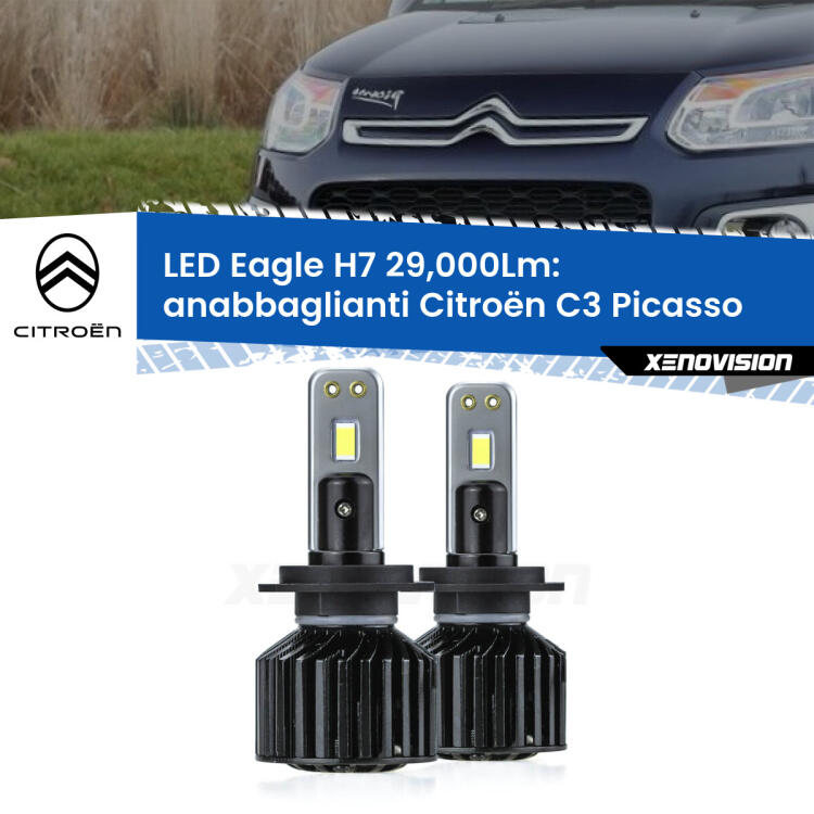 <strong>Kit anabbaglianti LED specifico per Citroën C3 Picasso</strong>  2009 - 2016. Lampade <strong>H7</strong> Canbus da 29.000Lumen di luminosità modello Eagle Xenovision.