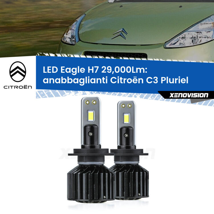 <strong>Kit anabbaglianti LED specifico per Citroën C3 Pluriel</strong>  2003 - 2010. Lampade <strong>H7</strong> Canbus da 29.000Lumen di luminosità modello Eagle Xenovision.