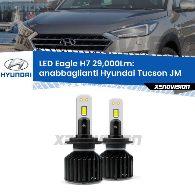 <strong>Kit anabbaglianti LED specifico per Hyundai Tucson</strong> JM restyling. Lampade <strong>H7</strong> Canbus da 29.000Lumen di luminosità modello Eagle Xenovision.