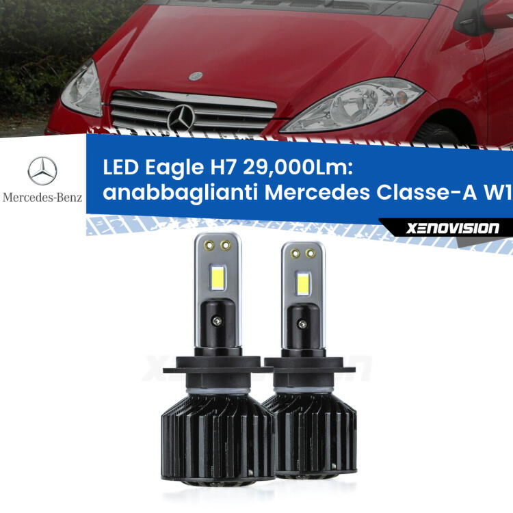 <strong>Kit anabbaglianti LED specifico per Mercedes Classe-A</strong> W169 con fari a parabola. Lampade <strong>H7</strong> Canbus da 29.000Lumen di luminosità modello Eagle Xenovision.