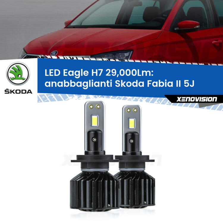 <strong>Kit anabbaglianti LED specifico per Skoda Fabia II</strong> 5J fari lenticolari. Lampade <strong>H7</strong> Canbus da 29.000Lumen di luminosità modello Eagle Xenovision.