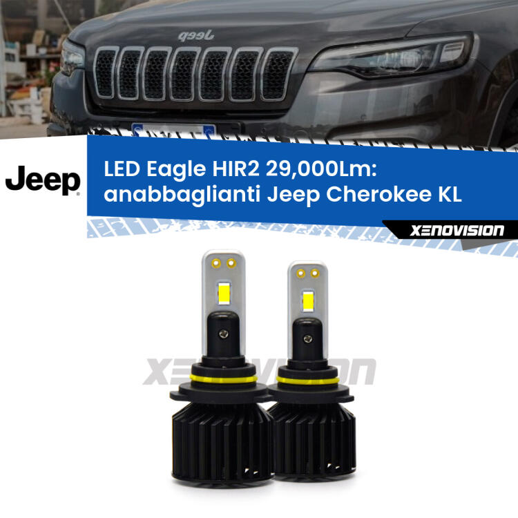 <strong>Kit anabbaglianti LED specifico per Jeep Cherokee</strong> KL in poi. Lampade <strong>HIR2</strong> Canbus da 29.000Lumen di luminosità modello Eagle Xenovision.