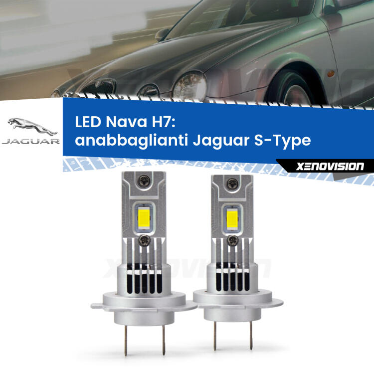 <strong>Anabbaglianti LED no-spie per Jaguar S-Type</strong>  1999 - 2007. Coppia lampade <strong>H7</strong> modello Nava canbus, raffreddate a ventola.