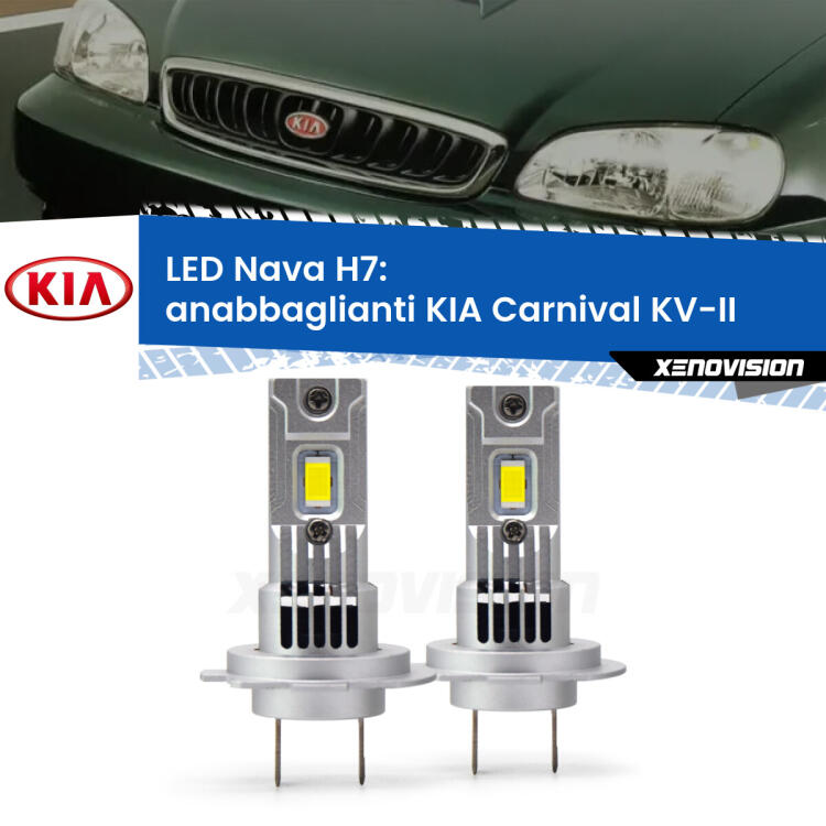 <strong>Anabbaglianti LED no-spie per KIA Carnival</strong> KV-II 1998 - 2004. Coppia lampade <strong>H7</strong> modello Nava canbus, raffreddate a ventola.