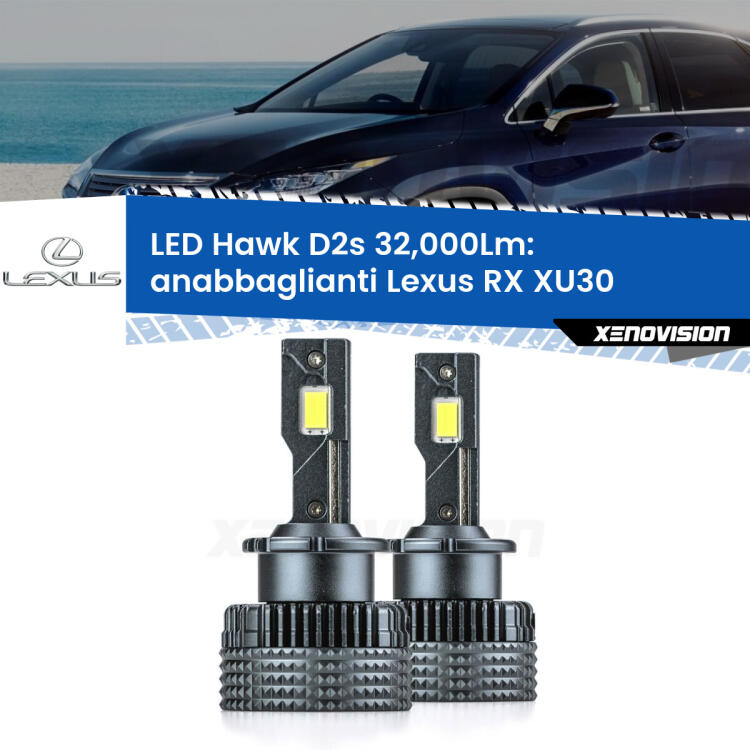 <strong>Kit anabbaglianti LED specifico per Lexus RX</strong> XU30 2003 - 2008. Lampade <strong>D2S/D2R</strong> Canbus da 32.000Lumen di luminosità modello Hawk Xenovision.
