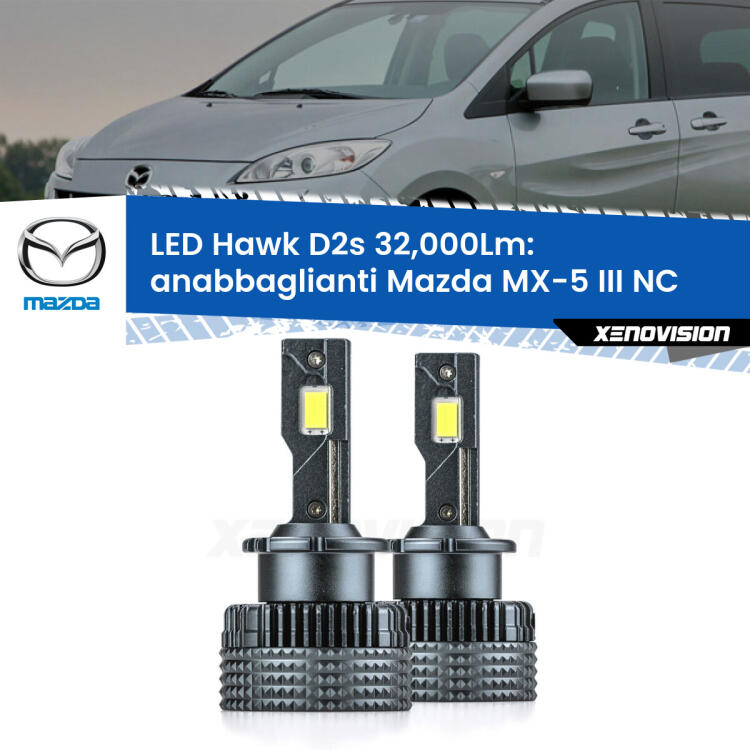 <strong>Kit anabbaglianti LED specifico per Mazda MX-5 III</strong> NC 2005 - 2014. Lampade <strong>D2S/D2R</strong> Canbus da 32.000Lumen di luminosità modello Hawk Xenovision.