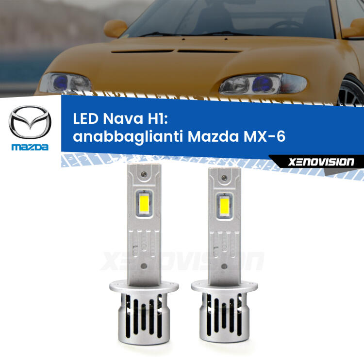 <strong>Anabbaglianti LED no-spie per Mazda MX-6</strong>  1992 - 1997. Coppia lampade <strong> H1</strong> modello Nava canbus, raffreddate a ventola.