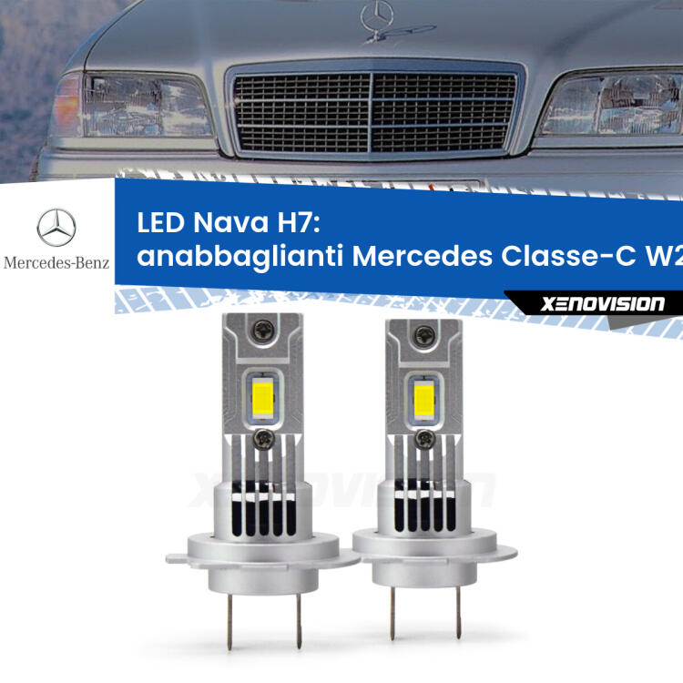 <strong>Anabbaglianti LED no-spie per Mercedes Classe-C</strong> W202 1996 - 2000. Coppia lampade <strong>H7</strong> modello Nava canbus, raffreddate a ventola.