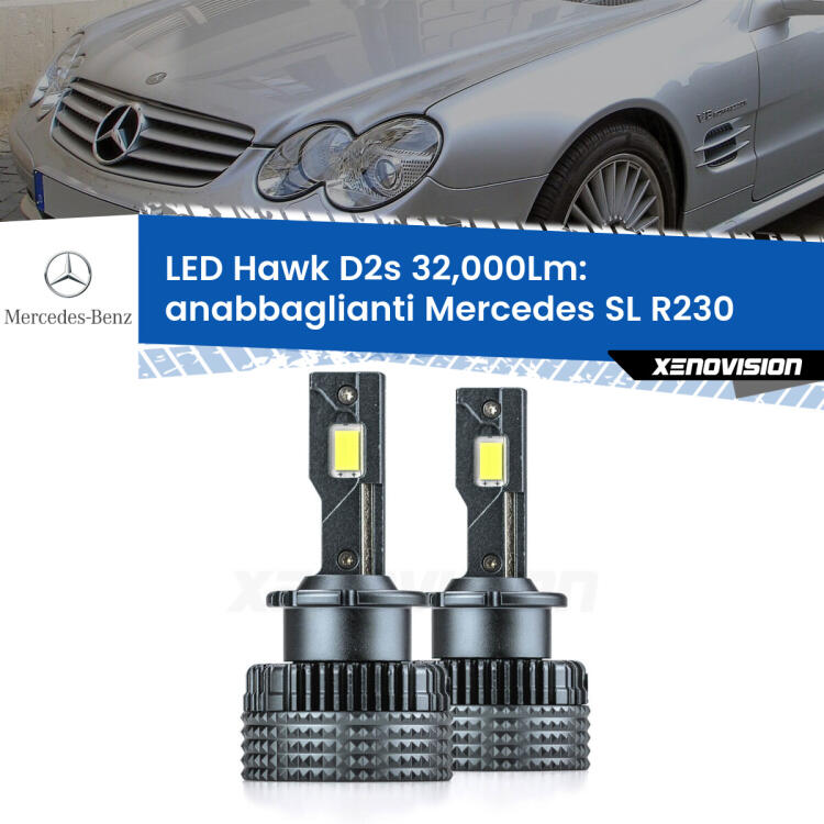 <strong>Kit anabbaglianti LED specifico per Mercedes SL</strong> R230 2001 - 2008. Lampade <strong>D2S/D2R</strong> Canbus da 32.000Lumen di luminosità modello Hawk Xenovision.