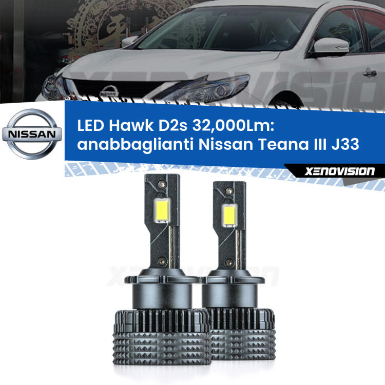 <strong>Kit anabbaglianti LED specifico per Nissan Teana III</strong> J33 2013 in poi. Lampade <strong>D2S/D2R</strong> Canbus da 32.000Lumen di luminosità modello Hawk Xenovision.