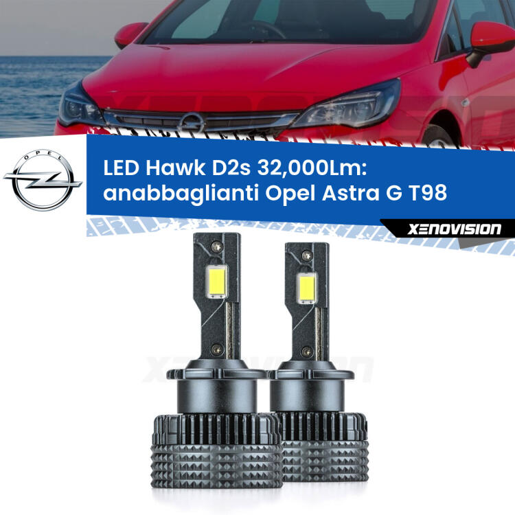<strong>Kit anabbaglianti LED specifico per Opel Astra G</strong> T98 2001 - 2005. Lampade <strong>D2S/D2R</strong> Canbus da 32.000Lumen di luminosità modello Hawk Xenovision.