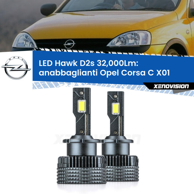 <strong>Kit anabbaglianti LED specifico per Opel Corsa C</strong> X01 2000 - 2006. Lampade <strong>D2S/D2R</strong> Canbus da 32.000Lumen di luminosità modello Hawk Xenovision.