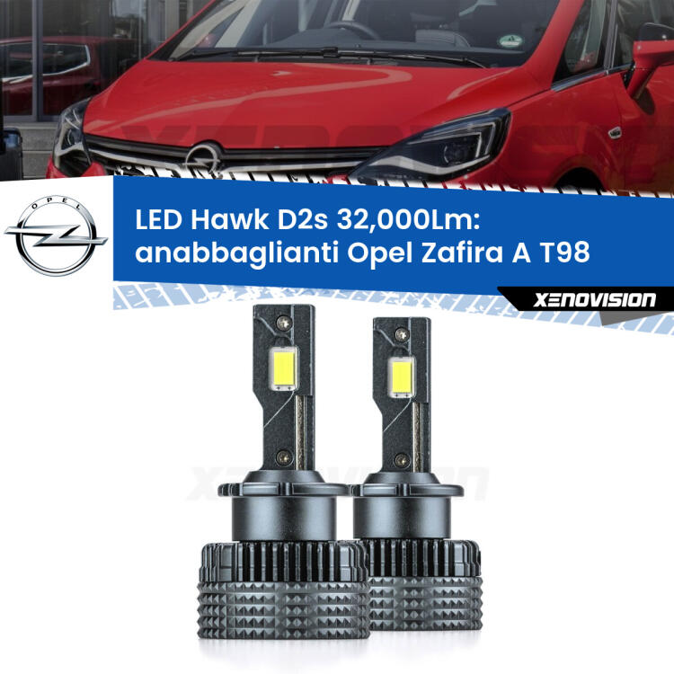 <strong>Kit anabbaglianti LED specifico per Opel Zafira A</strong> T98 1999 - 2003. Lampade <strong>D2S/D2R</strong> Canbus da 32.000Lumen di luminosità modello Hawk Xenovision.
