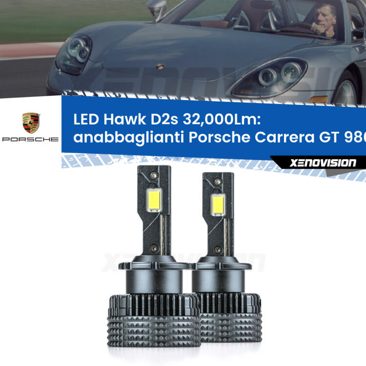 <strong>Kit anabbaglianti LED specifico per Porsche Carrera GT</strong> 980 2003 - 2006. Lampade <strong>D2S/D2R</strong> Canbus da 32.000Lumen di luminosità modello Hawk Xenovision.