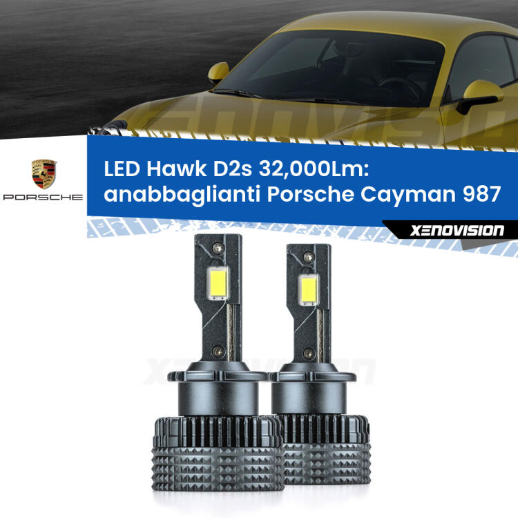 <strong>Kit anabbaglianti LED specifico per Porsche Cayman</strong> 987 2005 - 2013. Lampade <strong>D2S/D2R</strong> Canbus da 32.000Lumen di luminosità modello Hawk Xenovision.