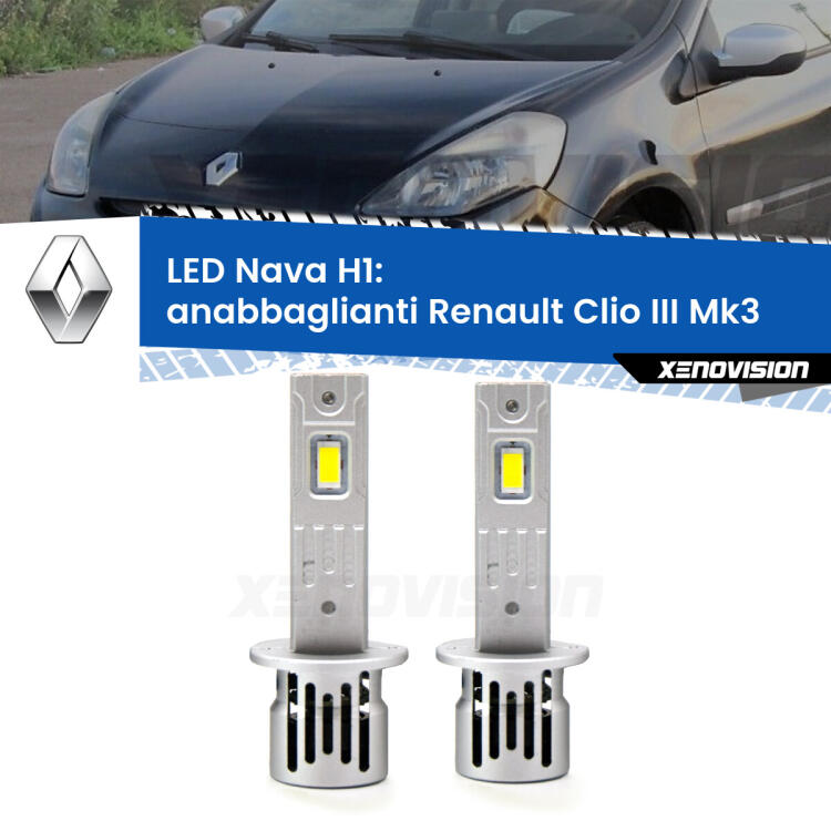<strong>Anabbaglianti LED no-spie per Renault Clio III</strong>  2005 - 2011. Coppia lampade <strong> H1</strong> modello Nava canbus, raffreddate a ventola.