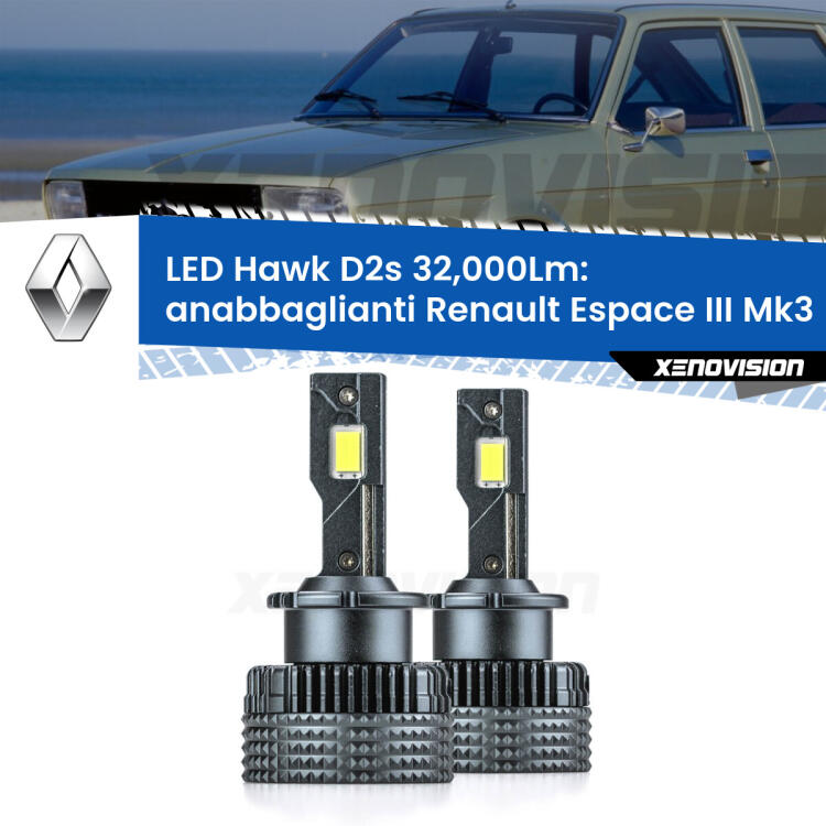 <strong>Kit anabbaglianti LED specifico per Renault Espace III</strong> Mk3 1996 - 2002. Lampade <strong>D2S/D2R</strong> Canbus da 32.000Lumen di luminosità modello Hawk Xenovision.