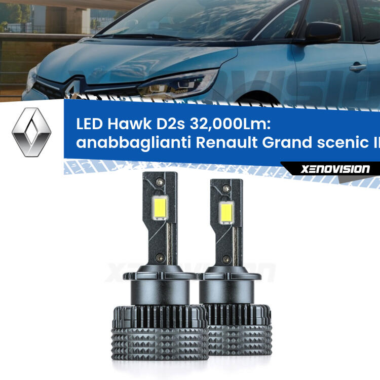 <strong>Kit anabbaglianti LED specifico per Renault Grand scenic II</strong> Mk2 2004 - 2006. Lampade <strong>D2S/D2R</strong> Canbus da 32.000Lumen di luminosità modello Hawk Xenovision.