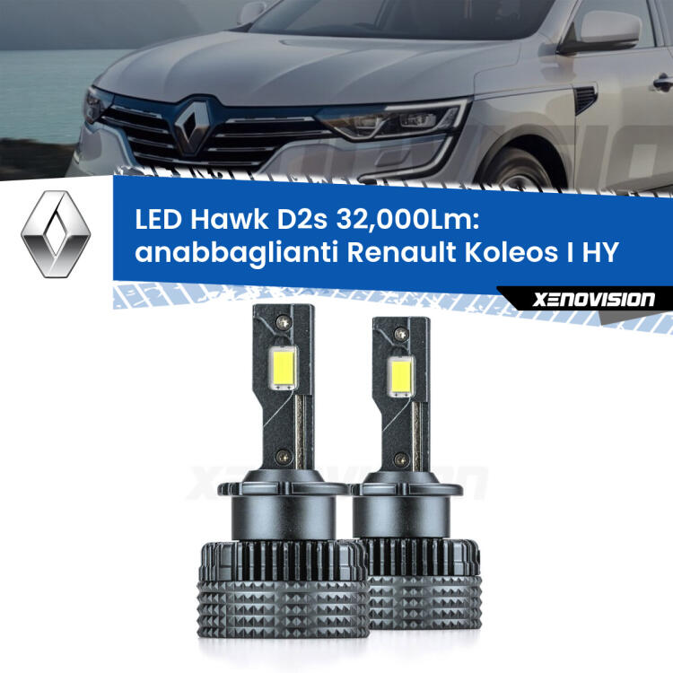 <strong>Kit anabbaglianti LED specifico per Renault Koleos I</strong> HY 2006 - 2015. Lampade <strong>D2S/D2R</strong> Canbus da 32.000Lumen di luminosità modello Hawk Xenovision.