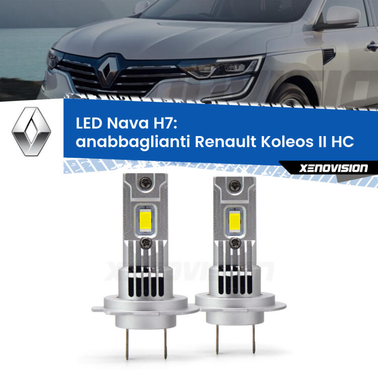 <strong>Anabbaglianti LED no-spie per Renault Koleos II</strong> HC 2016 in poi. Coppia lampade <strong>H7</strong> modello Nava canbus, raffreddate a ventola.