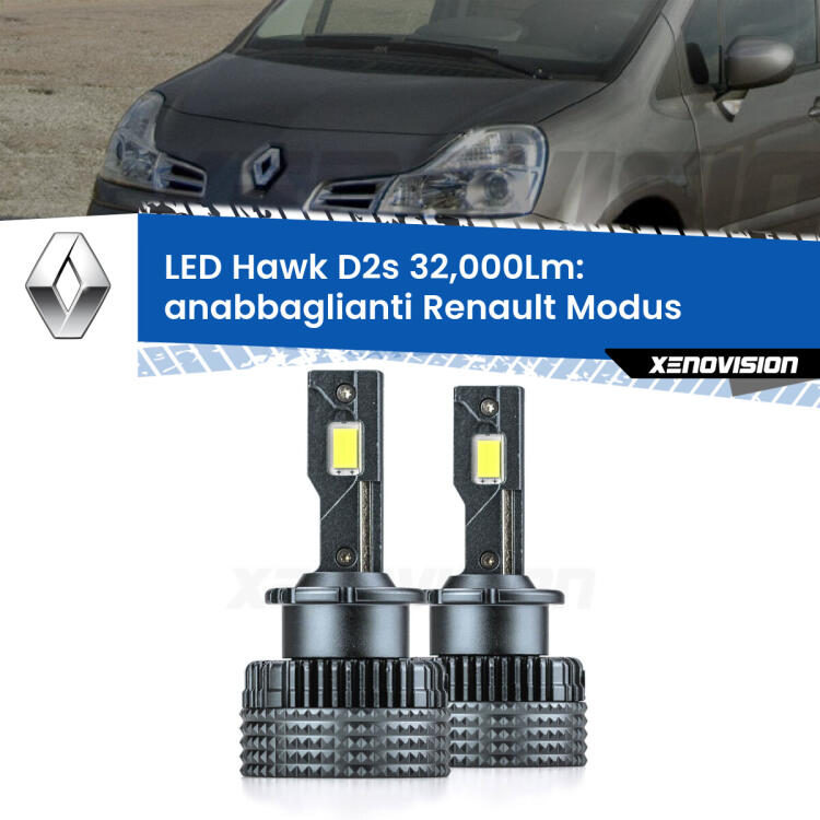 <strong>Kit anabbaglianti LED specifico per Renault Modus</strong>  2004 - 2012. Lampade <strong>D2S/D2R</strong> Canbus da 32.000Lumen di luminosità modello Hawk Xenovision.