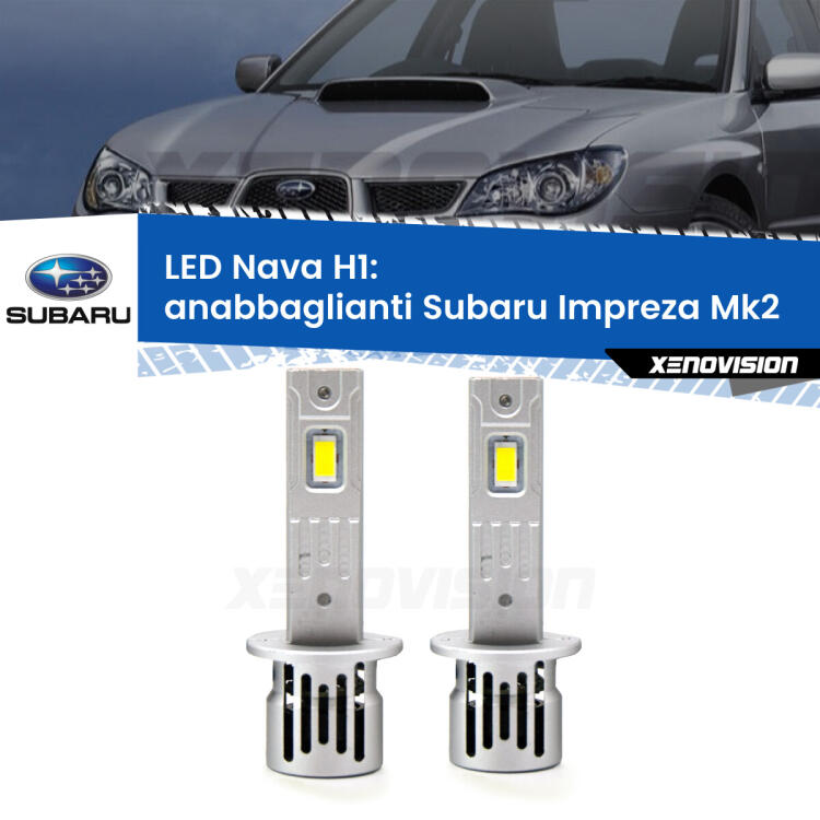 <strong>Anabbaglianti LED no-spie per Subaru Impreza</strong> Mk2 a parabola doppia. Coppia lampade <strong> H1</strong> modello Nava canbus, raffreddate a ventola.