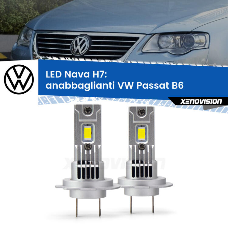 <strong>Anabbaglianti LED no-spie per VW Passat</strong> B6 2005 - 2010. Coppia lampade <strong>H7</strong> modello Nava canbus, raffreddate a ventola.