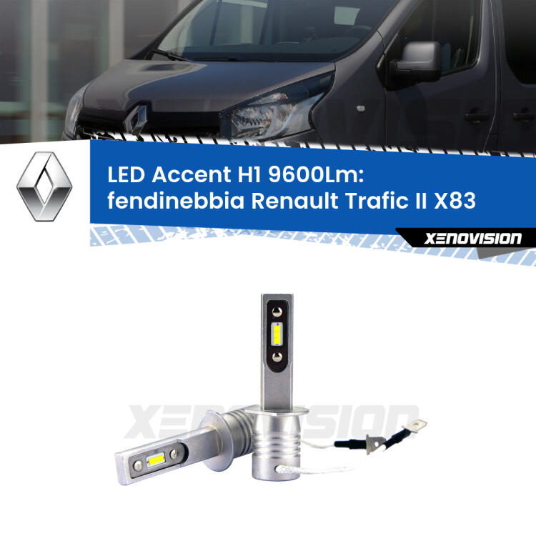<strong>Kit LED Fendinebbia per Renault Trafic II</strong> X83 2001 - 2013.</strong> Coppia lampade <strong>H1</strong> senza ventola e ultracompatte per installazioni in fari senza spazi.