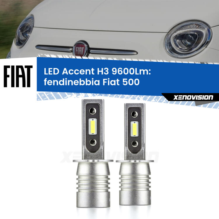 <strong>Kit LED Fendinebbia per Fiat 500</strong>  2007 - 2022.</strong> Coppia lampade <strong>H3</strong> senza ventola e ultracompatte per installazioni in fari senza spazi.
