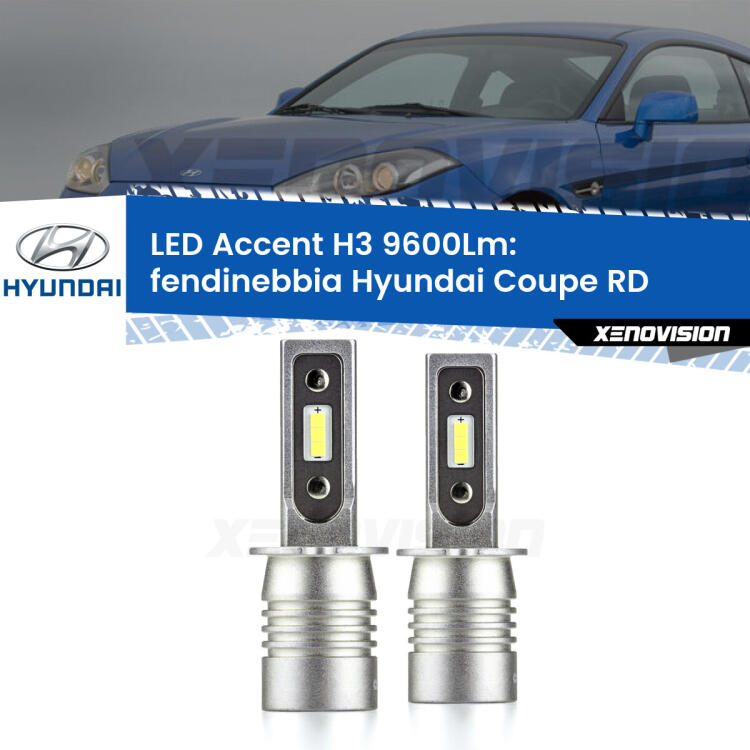 <strong>Kit LED Fendinebbia per Hyundai Coupe</strong> RD 1996 - 2002.</strong> Coppia lampade <strong>H3</strong> senza ventola e ultracompatte per installazioni in fari senza spazi.