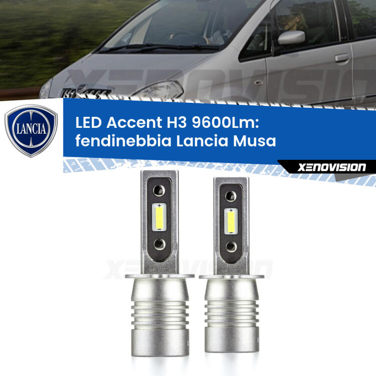 <strong>Kit LED Fendinebbia per Lancia Musa</strong>  2004 - 2012.</strong> Coppia lampade <strong>H3</strong> senza ventola e ultracompatte per installazioni in fari senza spazi.