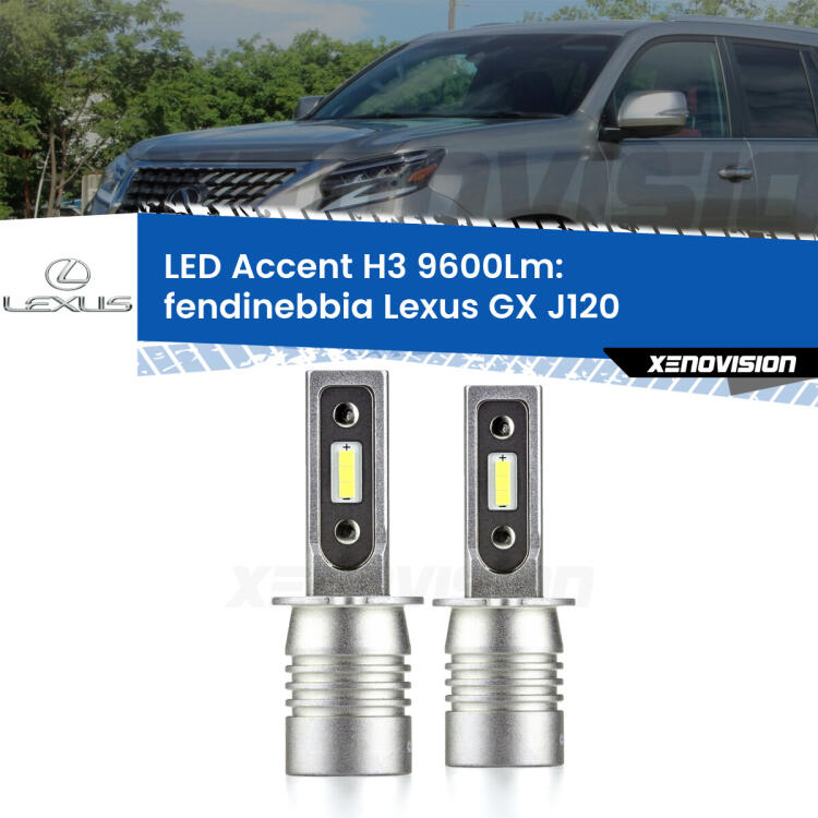 <strong>Kit LED Fendinebbia per Lexus GX</strong> J120 2001 - 2009.</strong> Coppia lampade <strong>H3</strong> senza ventola e ultracompatte per installazioni in fari senza spazi.