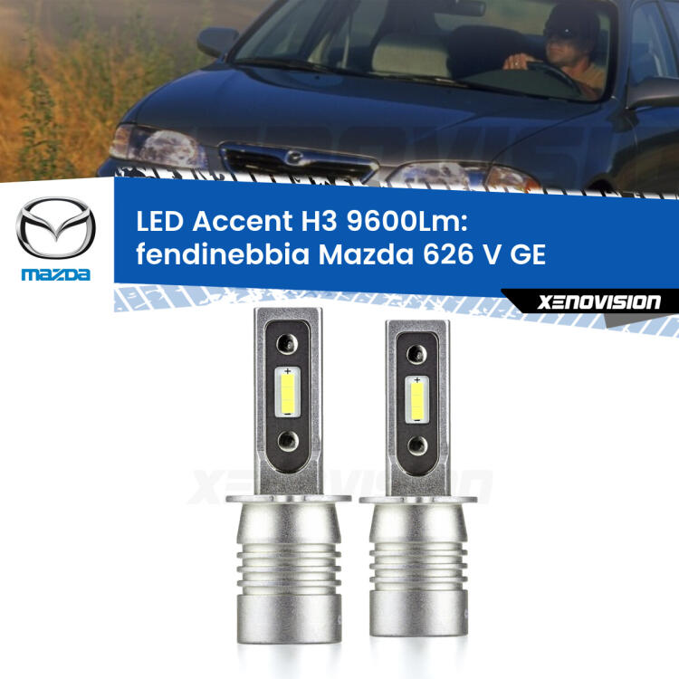 <strong>Kit LED Fendinebbia per Mazda 626 V</strong> GE 1992 - 1997.</strong> Coppia lampade <strong>H3</strong> senza ventola e ultracompatte per installazioni in fari senza spazi.
