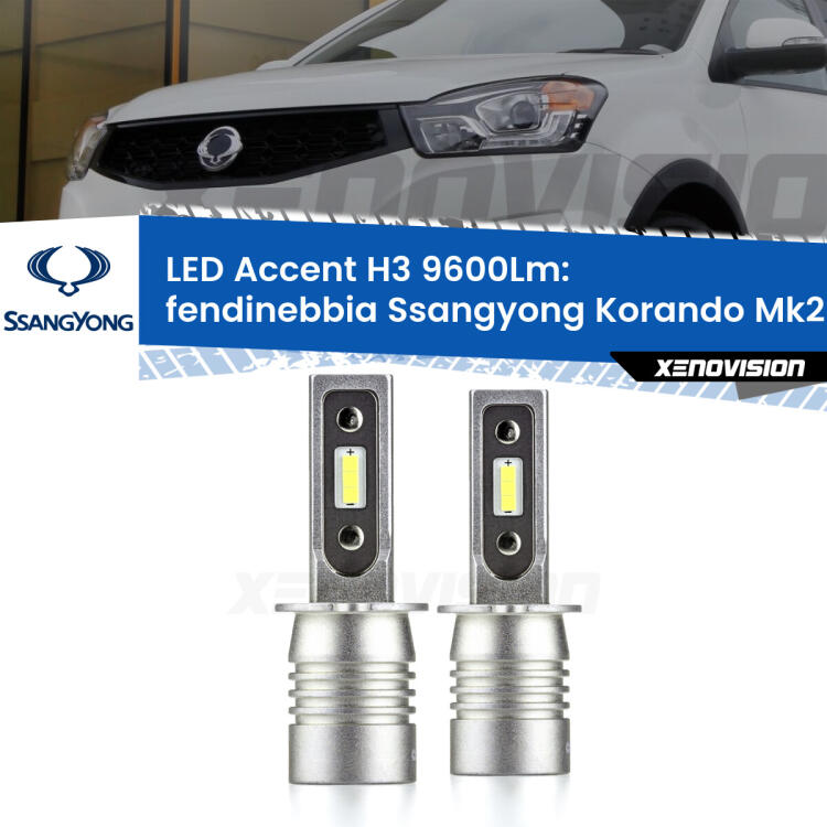 <strong>Kit LED Fendinebbia per Ssangyong Korando</strong> Mk2 1996 - 2006.</strong> Coppia lampade <strong>H3</strong> senza ventola e ultracompatte per installazioni in fari senza spazi.
