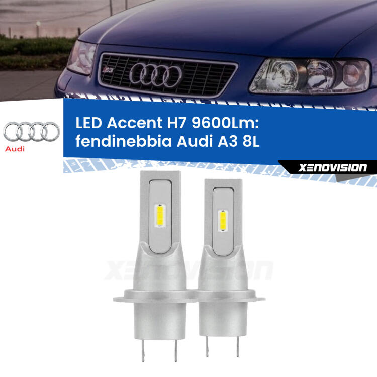 <strong>Kit LED Fendinebbia per Audi A3</strong> 8L 1996 - 2000.</strong> Coppia lampade <strong>H7</strong> senza ventola e ultracompatte per installazioni in fari senza spazi.