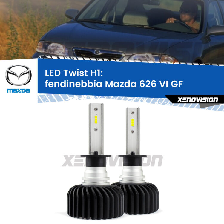 <strong>Kit fendinebbia LED</strong> H1 per <strong>Mazda 626 VI</strong> GF 1997 - 2002. Compatte, impermeabili, senza ventola: praticamente indistruttibili. Top Quality.