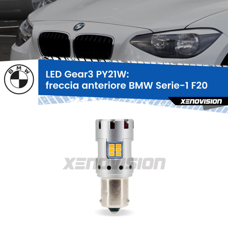 <strong>Freccia Anteriore LED no-spie per BMW Serie-1</strong> F20 2010 - 2019. Lampada <strong>PY21W</strong> modello Gear3 no Hyperflash, raffreddata a ventola.