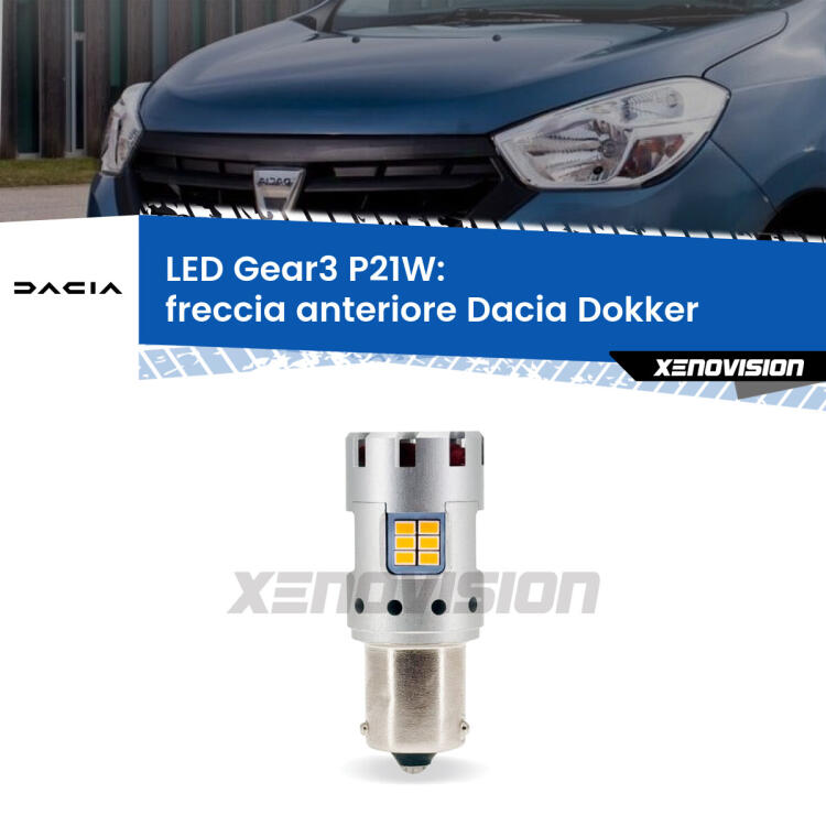 <strong>Freccia Anteriore LED no-spie per Dacia Dokker</strong>  2012 in poi. Lampada <strong>P21W</strong> modello Gear3 no Hyperflash, raffreddata a ventola.