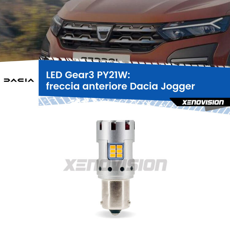 <strong>Freccia Anteriore LED no-spie per Dacia Jogger</strong>  2021 in poi. Lampada <strong>PY21W</strong> modello Gear3 no Hyperflash, raffreddata a ventola.