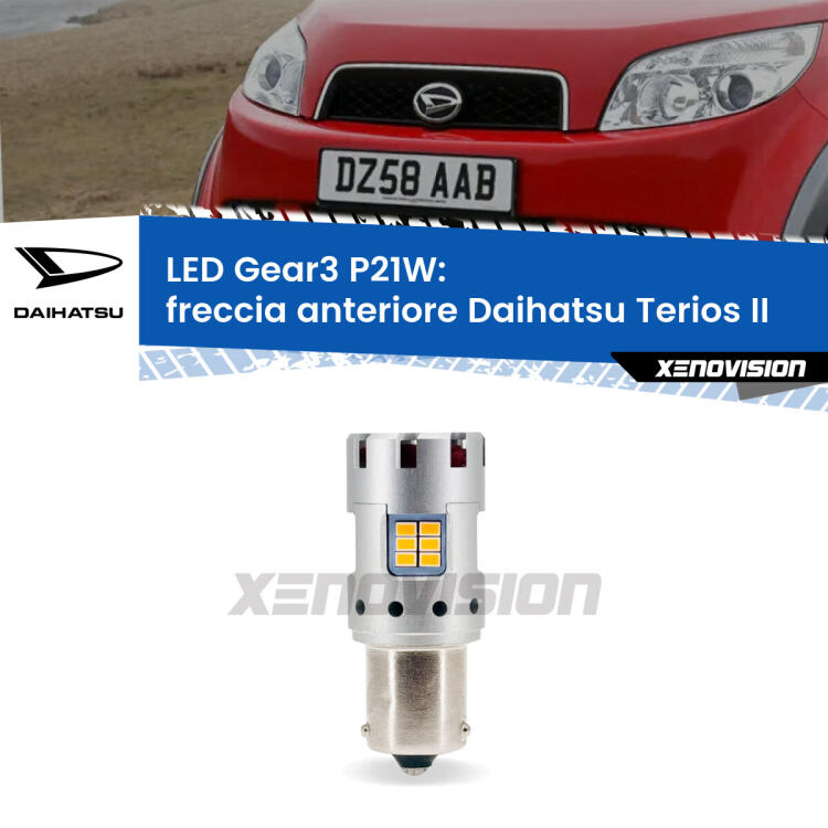 <strong>Freccia Anteriore LED no-spie per Daihatsu Terios</strong> II faro giallo. Lampada <strong>P21W</strong> modello Gear3 no Hyperflash, raffreddata a ventola.